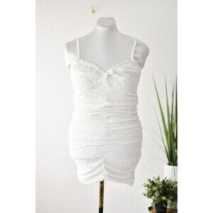 H&M Divided Mini Dress Woman's L White Eyelet Lace Ruched Mini Cottage Coquette